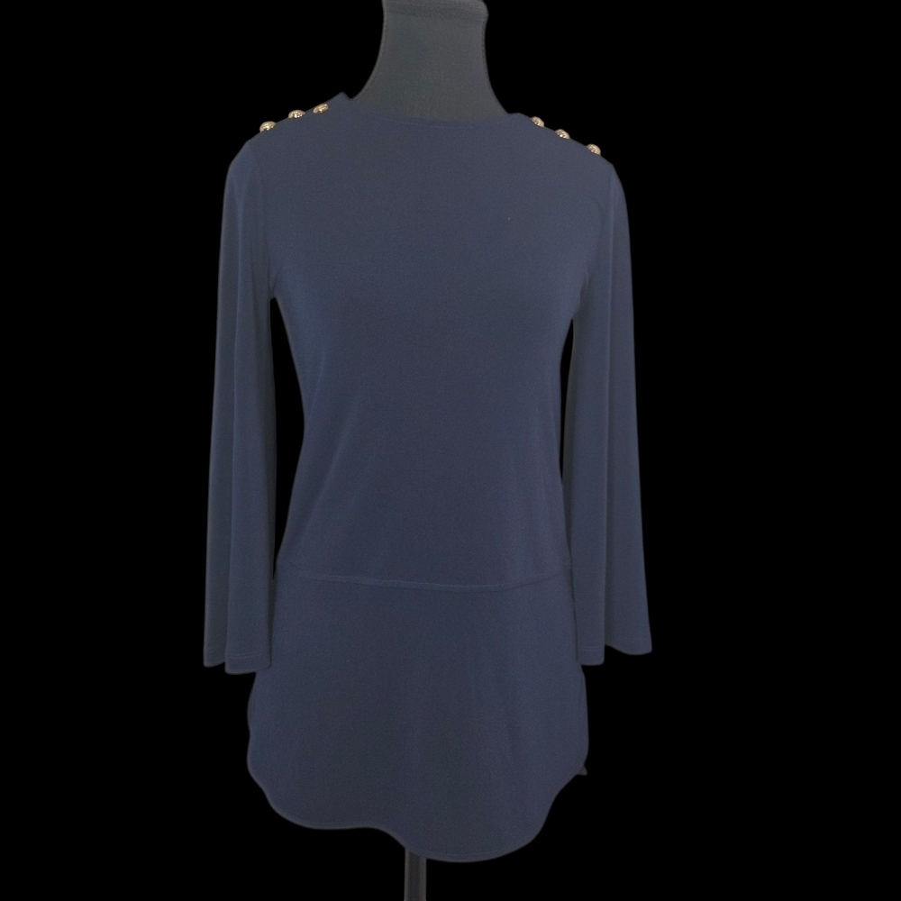 Ralph Lauren Navy Blouse with Classic Gold Shoulder Buttons Size XXS